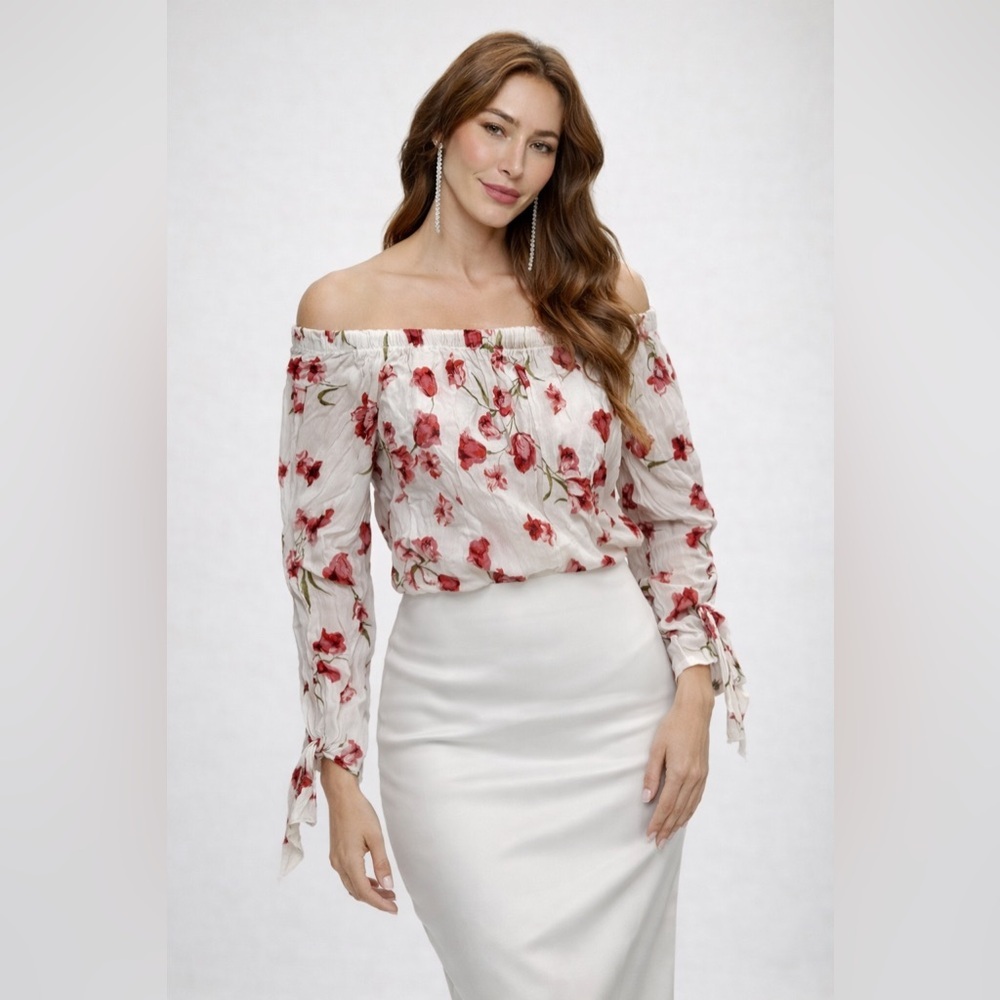 ONE LOVE CLOTHING Off Shoulder Floral Blouse Women’s White Red Boho Peasant (S)‎